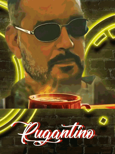 a man with a beard wearing sunglasses and the name pugantino on the bottom
