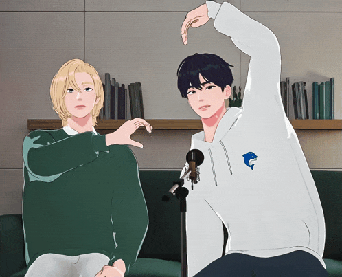 a man in a white sweatshirt with a dolphin on it stands next to another man in a green sweater