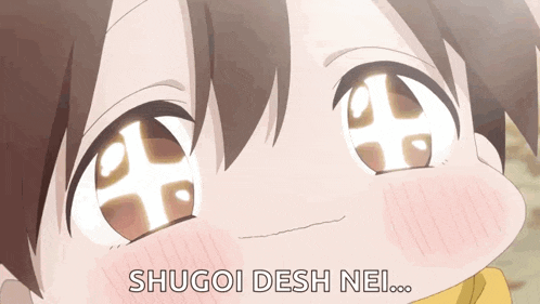 a close up of a child 's face with the words " shugoi desh nei " written below it