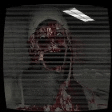 a bloody zombie is screaming in a dark room on a television screen .