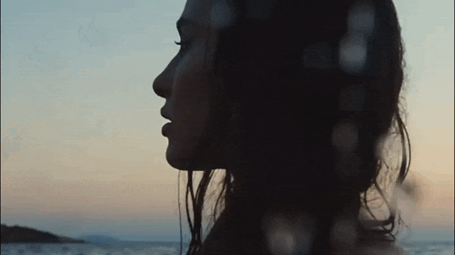 a close up of a woman 's face with a sunset in the background .