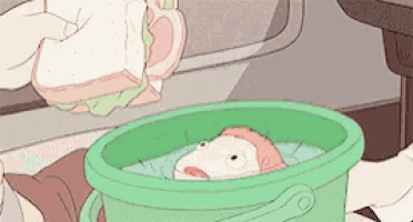a cartoon character is sitting in a green bucket with a sandwich on top of it .