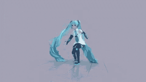 a 3d rendering of a girl with long blue hair dancing on a purple background .