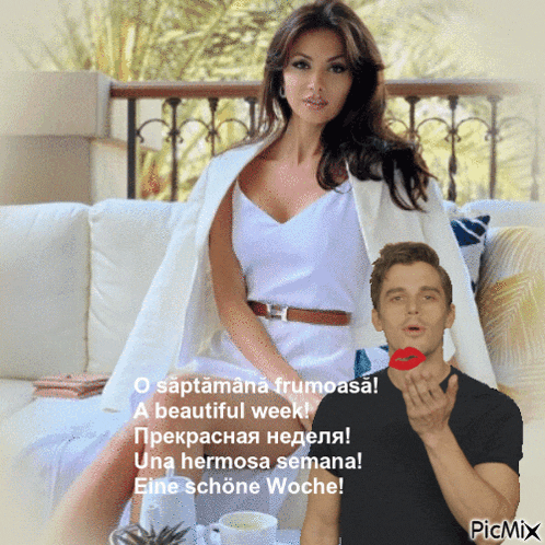 a woman in a white dress is sitting on a couch next to a man who is blowing a kiss