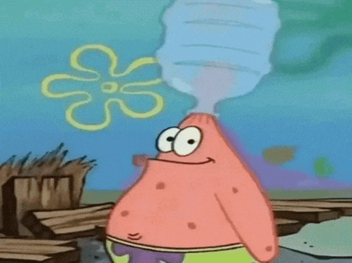 patrick star from spongebob squarepants is drinking water from a water bottle on his head .
