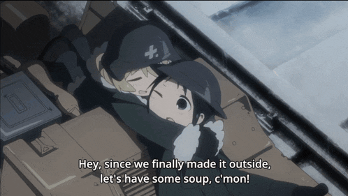 a couple of anime characters hugging each other with the words hey since we finally made it outside let 's have some soup c ' mon