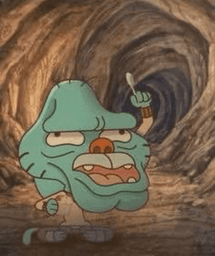 gumball from the amazing world of gumball is standing in a cave holding a spoon in his hand .