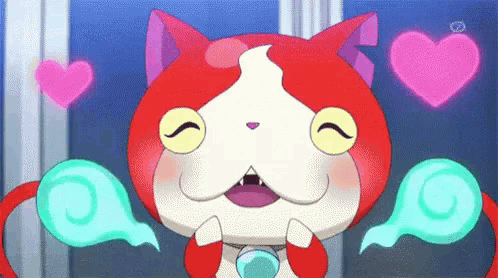 a cartoon cat is surrounded by pink hearts and a ghost tail .