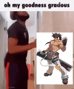 a man is standing next to a picture of a man holding a sword in a video game .