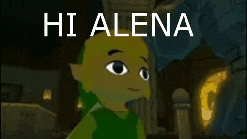 a video game character says hi alena in front of a building
