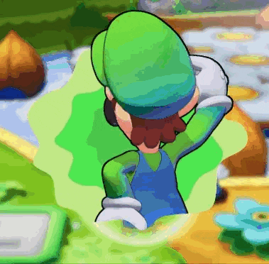 a pixel art of a cartoon character in a green hat and blue pants .