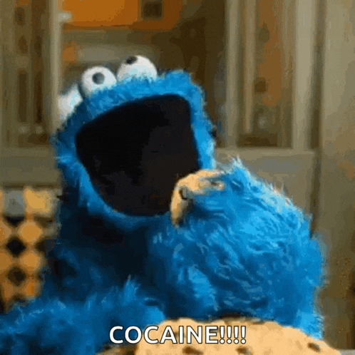 cookie monster is eating a cookie and saying cocaine