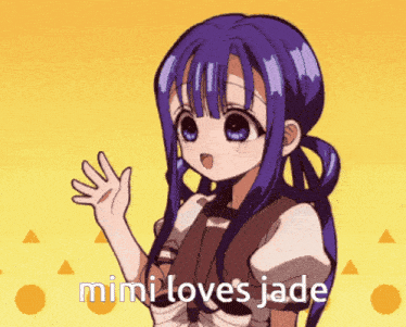 a girl with blue hair and the words mimi loves jade on the bottom
