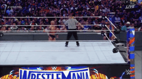 a referee stands in a wrestling ring with a sign that says wrestlemania on it