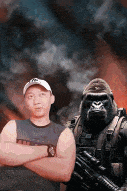 a man with his arms crossed stands next to a gorilla with a gun