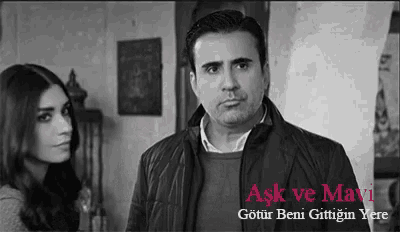 a man and a woman are standing next to each other and the words ask ve mavi are on the bottom