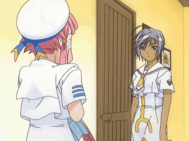 two anime girls are standing next to each other in front of a door and one of them has the letter c on her dress