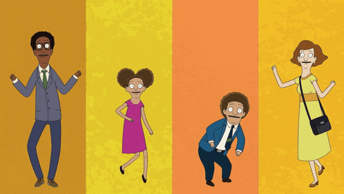 a group of cartoon characters are standing next to each other on a yellow and orange background