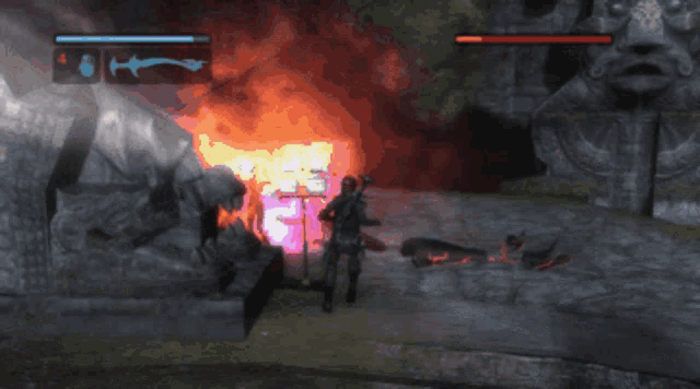 a video game is being played and a sword is visible in the upper right corner