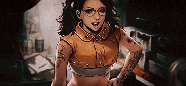 a woman with a tattoo on her arm is wearing glasses and a tan top .