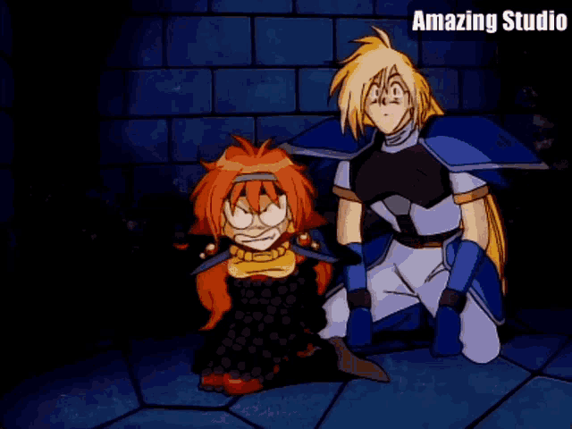 a couple of anime characters are sitting next to each other and the words amazing studio are above them