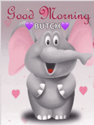 a cartoon elephant says good morning butch with pink hearts