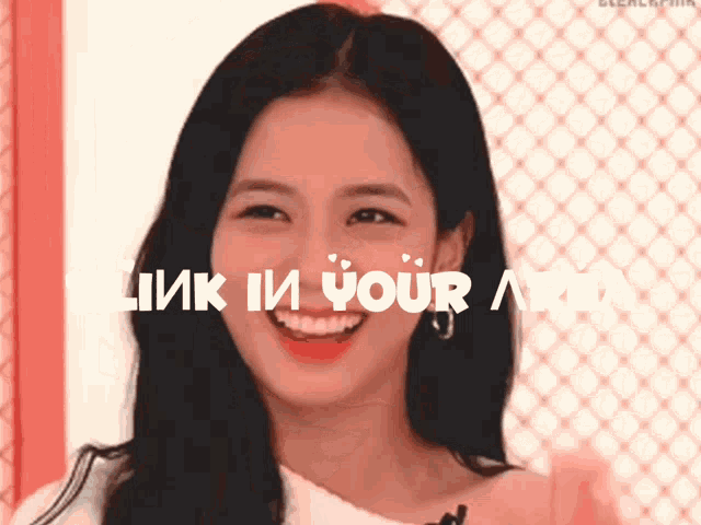 a woman is smiling with the words " blink in your area " behind her