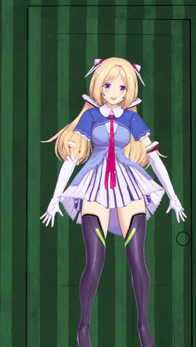 a girl in a blue dress and white gloves stands in front of a green door