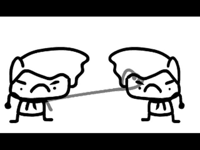 two cartoon characters are standing next to each other with angry faces .