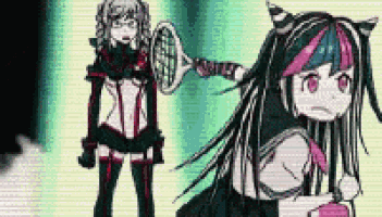 two anime characters are standing next to each other and one is holding a tennis racket .