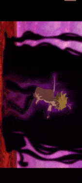 a purple background with a person holding a sword in the foreground