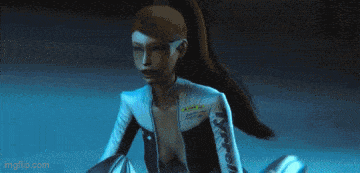 a cartoon character with a ponytail is wearing a white and black suit with the word raven on it .