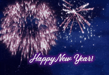 a happy new year greeting card with fireworks behind it