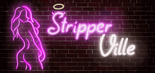a neon sign for stripper ville with a silhouette of a woman