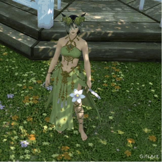 a woman in a green dress is standing in the grass with a gifs art watermark