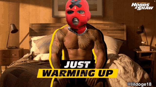 a poster for hobbs and shaw shows a shirtless man wearing a ski mask