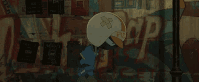 a cartoon character wearing a helmet that says pv