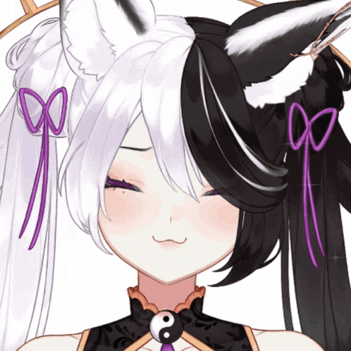 a girl with black and white hair has a ying yang symbol on her neck
