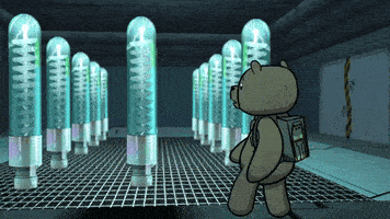 a teddy bear is standing in front of a row of tubes with the number 4 on them