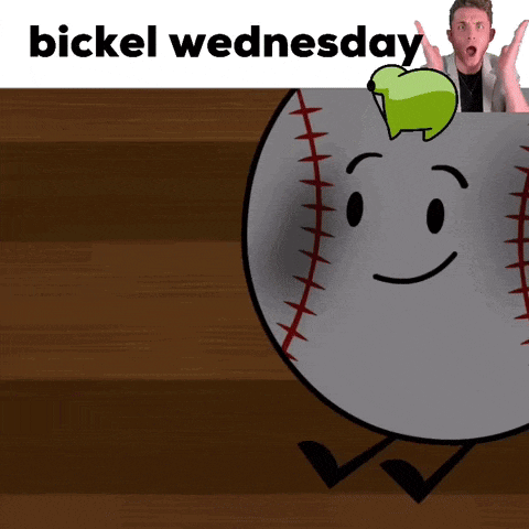 a baseball with a green apple on its head and the words bickel wednesday on the bottom