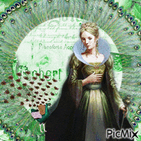 a woman in a green dress is standing in front of a peacock with the word picmix on the bottom