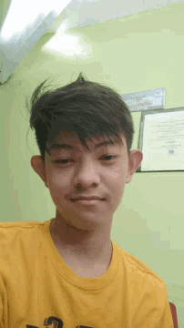 a young boy wearing a yellow shirt with the number 5 on the front
