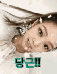 a close up of a woman 's face with korean writing on the bottom