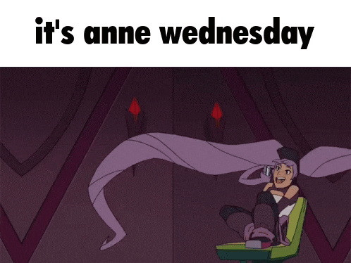 a cartoon of a girl with purple hair and the words it 's anne wednesday