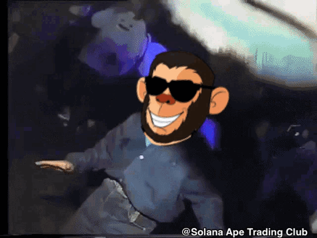 a cartoon of a monkey wearing sunglasses with the words solana ape trading club below him