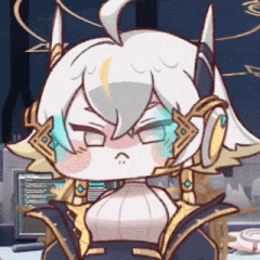 a cartoon character with horns and headphones is sitting in front of a computer .