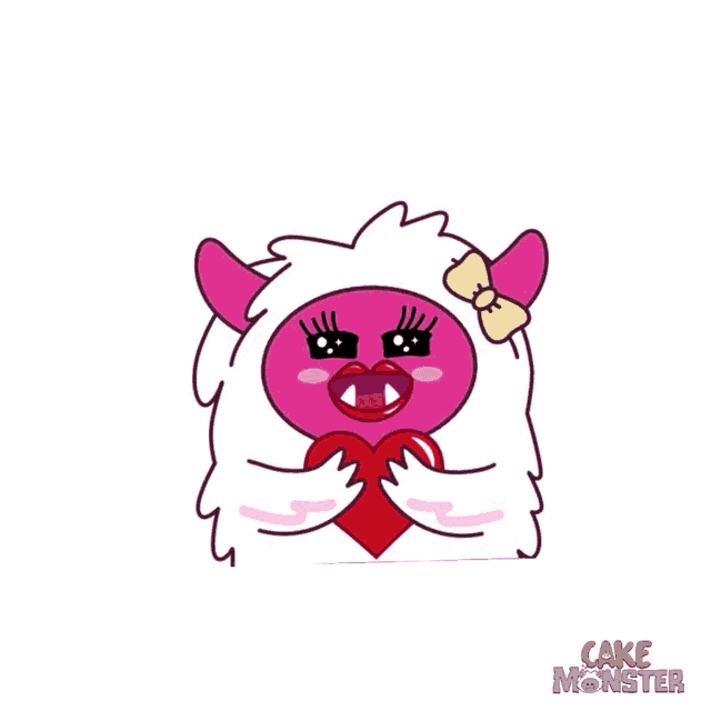 a cartoon drawing of a sheep with hearts in her eyes and the words cake monster on the bottom right