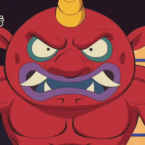 a red cartoon character with a purple mouth and a yellow horn