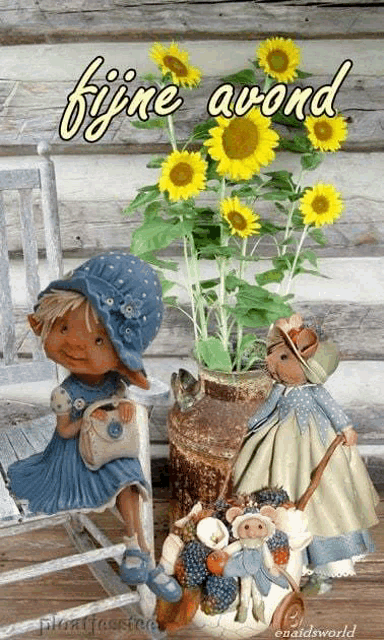 a doll is sitting in a rocking chair next to a potted plant of sunflowers .