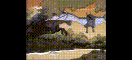 a painting of two dragons flying over a river